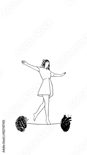 Balancing heart and mind, a woman finds equilibrium, walking a tightrope between logic and passion, perfect for mental health and emotional wellness concepts