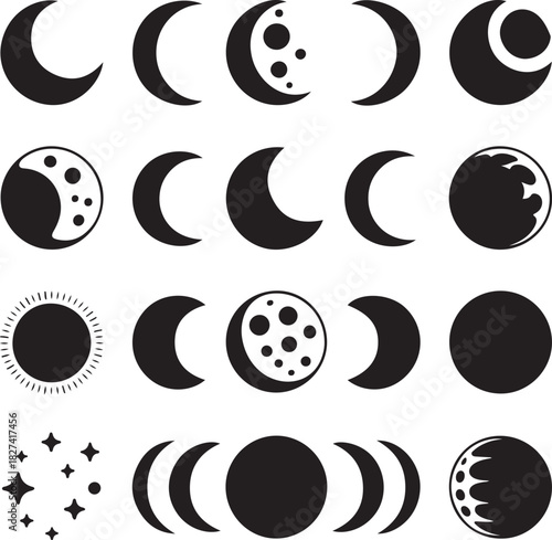 Black and white vector illustration of moon phases and sun