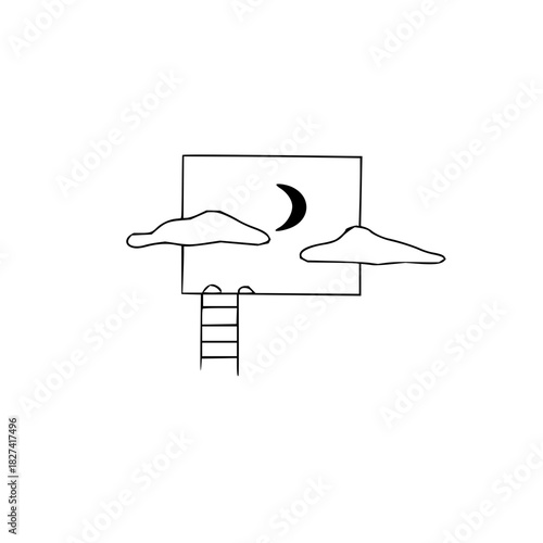 Dreamy escape: Ladder to the moon with fluffy clouds, whimsical art for children's books, serene night concept, illustration for bedtime stories, magical journey