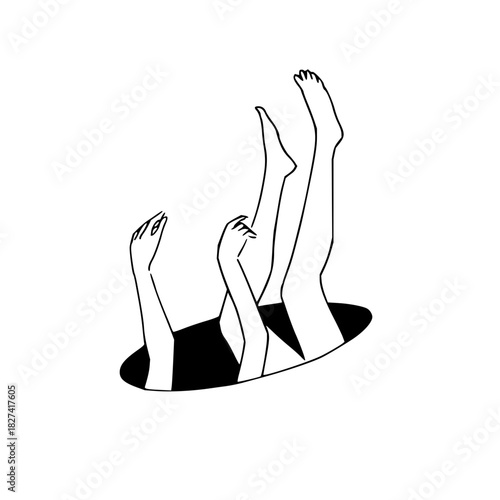 Whimsical line art of falling figures, hands reaching out and legs flailing, evocative of surreal dreams and abstract concepts, perfect for creative projects