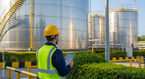 Engineer Monitoring Industrial Tanks Chemical Processing Facility Digital Inspection Outdoor Environment Side View Safety Compliance