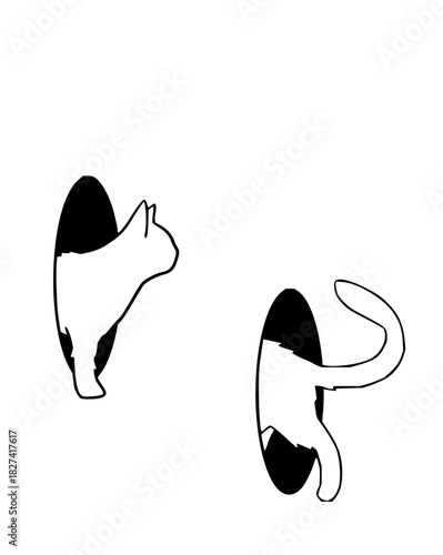 Whimsical cat exploring through portal, creating a curious and modern design, with playful intrigue and vector charm, perfect for design projects