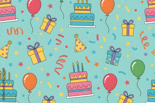 Seamless Flat Design Birthday Party Pattern with Cakes, Balloons, and Gifts on a Colorful Background