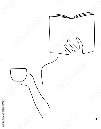 Elegant minimalist sketch of person reading a book with coffee, perfect for promoting relaxation, wellness, and mindful living in modern designs