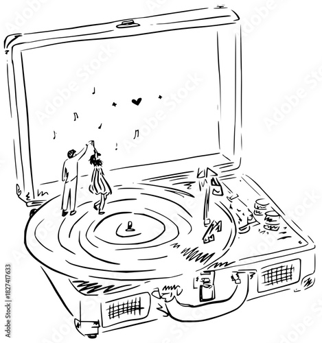 Romantic serenade illustration: A couple dances on a vintage record player, surrounded by music notes and love, perfect for Valentine's Day or anniversary