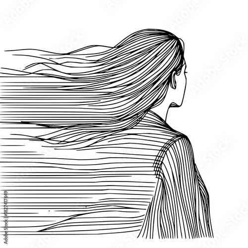 Modern minimalist line art of a woman in motion, flowing hair, evokes freedom and elegance for lifestyle, fashion, or beauty projects, originally a vector graphic