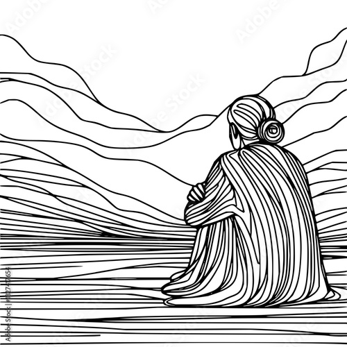 Thoughtful woman embraces solitude in nature's embrace, a serene moment of reflection and peace in line art style, ready for coloring books or creative projects