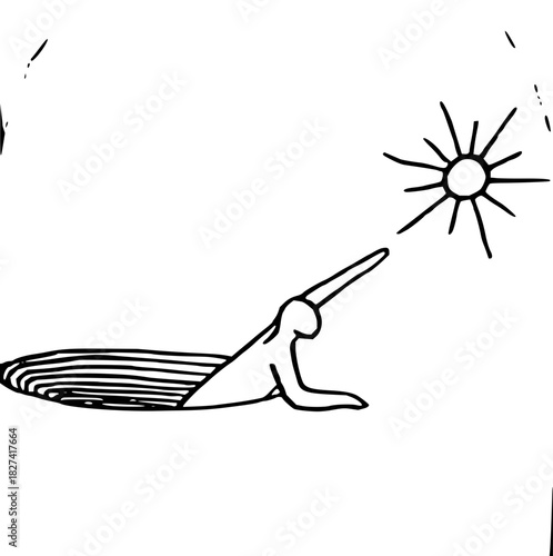 Seal emerging from ice hole, reaching for the sun in a minimalist style, originally a scalable vector graphic, symbolizing hope and new beginnings