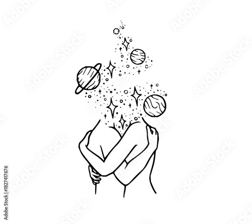 Introspective woman embracing herself with dreams of planets and stars, symbol of self-love, mental wellness, inner peace, and cosmic connection illustration