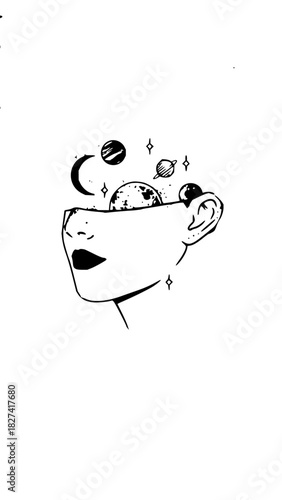 Cosmic Mindset: Woman with planets and stars inside her head, universe of thoughts, imagination unleashed, creative concept, space within, dream big