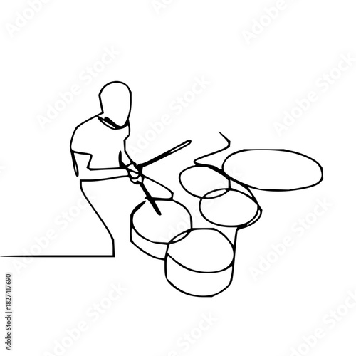 Dynamic minimalist line art of drummer passionately playing drums, capturing rhythm and energy, perfect for music, entertainment, and artistic projects