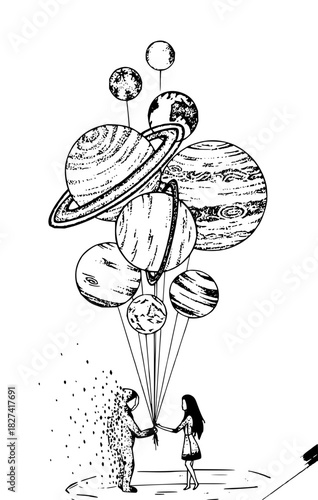 Astronaut giving solar system planets to girl, a cosmic gift from the universe, a dreamy space encounter, representing science, exploration, and imagination