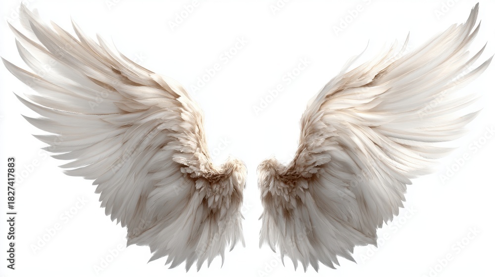 Obraz premium Delicate white wings made of soft feathers are spread wide against a plain background. These wings symbolize purity freedom and a connection to the divine evoking feelings of inspiration.
