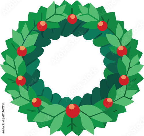 Green holly wreath with red berries festive decoration