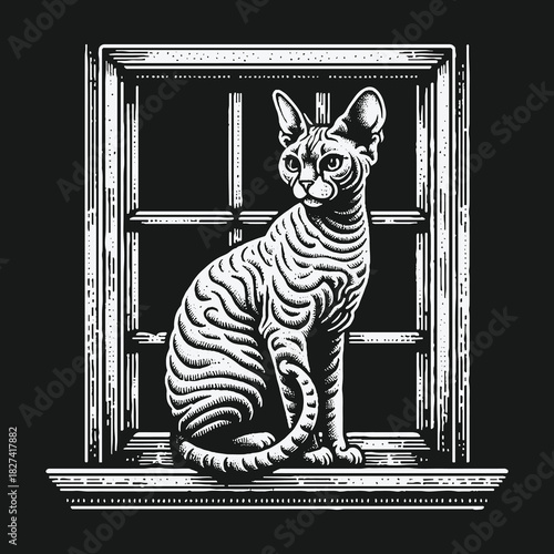 Sphynx cat sitting on a windowsill in a black and white engraving style.
