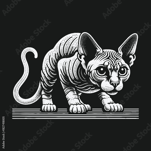 Black and white engraving style Sphynx cat illustration.