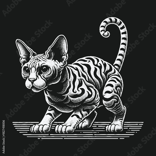 Striped Sphynx cat in a black and white engraving style illustration.
