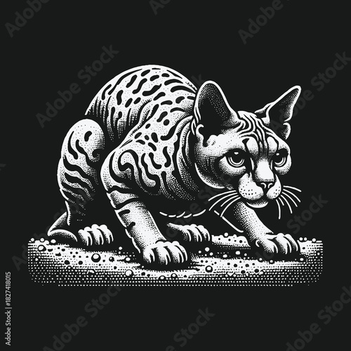 Intricate black and white illustration of a crouching sphynx cat.