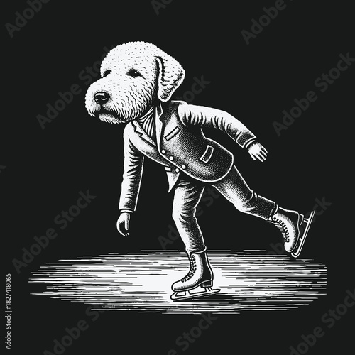 Charming black and white illustration of a dapper dog ice skating in a suit.