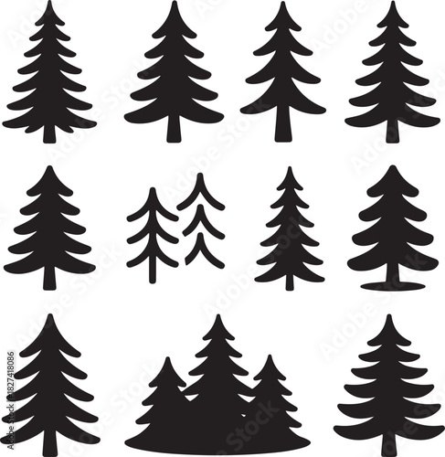 Black Silhouette of Various Christmas Trees on a White Background Set