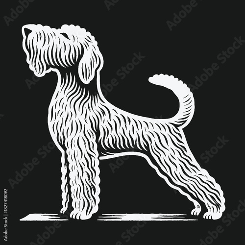 Black and white linocut style illustration of a terrier dog standing in a show pose.