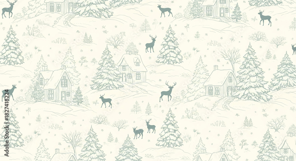 Obraz premium Charming winter wonderland with deer and cozy cottages nestled among snow-covered pine trees, perfect for holiday cards and seasonal designs