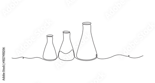 Minimalist line art of three conical flasks for scientific or chemical concepts