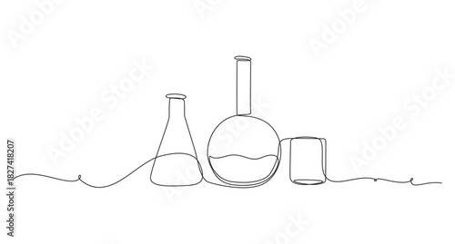 Minimalist line art still life with bottles and glassware on white background