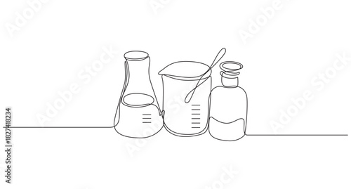 Minimalist line art of glass bottles and a jar with spoon,Single line art of Erlenmeyer flask vector illustration,