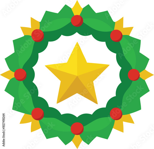 Festive green christmas wreath with golden star and red berries
