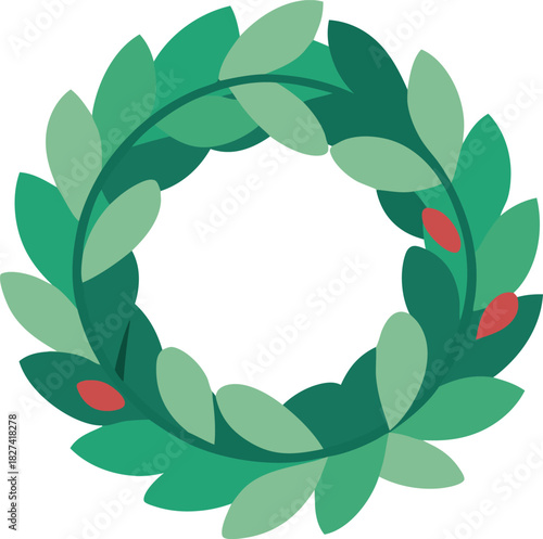 Green leafy wreath with red berries on white background