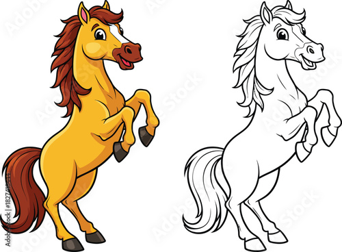 Cheerful cartoon horse rearing on its hind legs presented in full color and as a black and white line art for coloring.