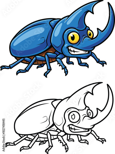 Cheerful blue rhinoceros beetle cartoon with a large horn and a wide toothy smile.