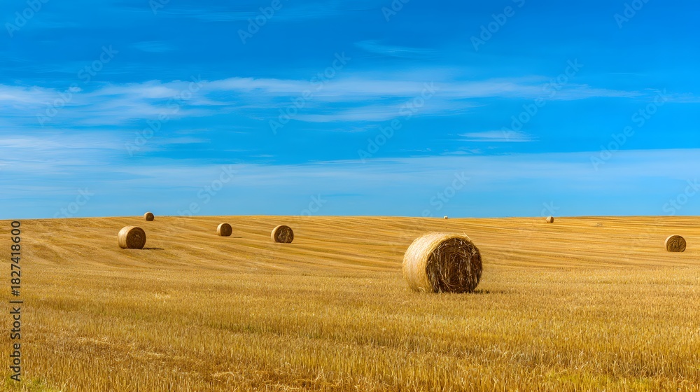Fototapeta premium Golden Hay Bales Dotting a Vast Field Under a Bright Blue Sky.