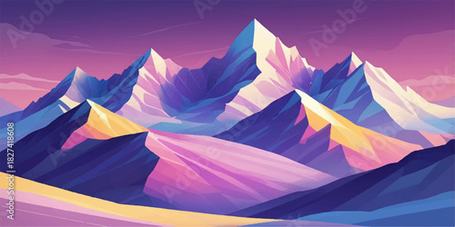 Colorful abstract mountain range with bold polygon shapes and dramatic sunset lighting.