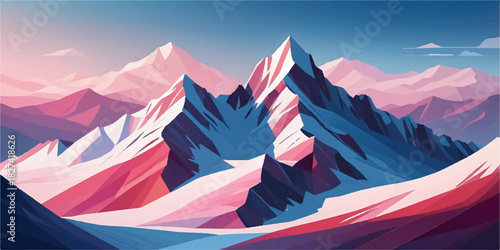 Sunrise over snowy mountain landscape with blue sky and alpine peaks