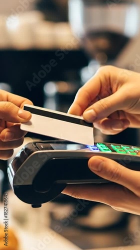 Close-up of hands using a credit card to make a contactless payment on a POS terminal in a store.