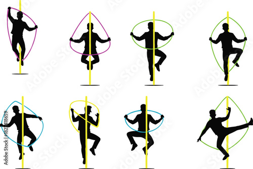 Pole dance silhouettes, geometric shape outlines, fitness poses on vertical poles, artistic movement, black graphic illustration, athletic balance, flexibility, performance concept