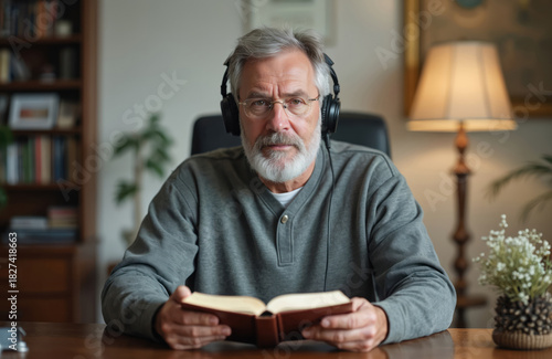 Bearded man with glasses wears headphones, holds open book. He sits at desk in home office, looks at camera. Older man reads, concentrates while listening intently.