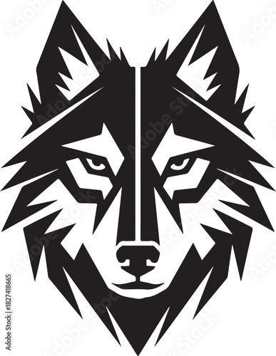 Bold black and white wolf head logo design with fierce expression