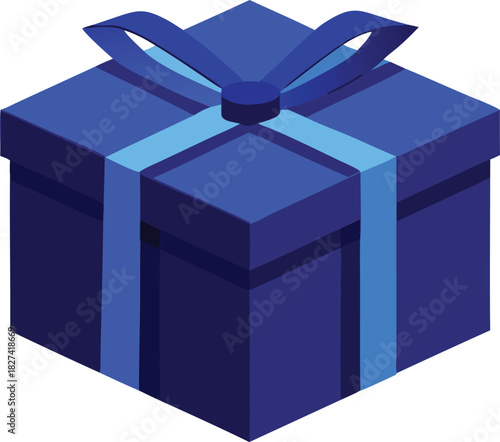 A deep blue gift box with a matching ribbon and bow
