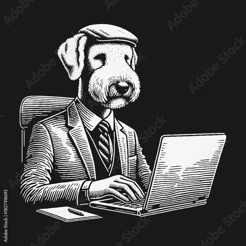 Vintage engraving of an anthropomorphic dog businessman working on a laptop.