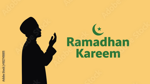 Illustration of a devout person praying, celebrating a sacred Islamic month with a welcoming message and symbolic crescent emblem, embodying spiritual reflection