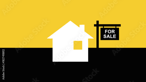 Conceptual graphic illustration of a stylized white house icon with a 'for sale' sign, embodying property market dynamics, home buying, and real estate investment