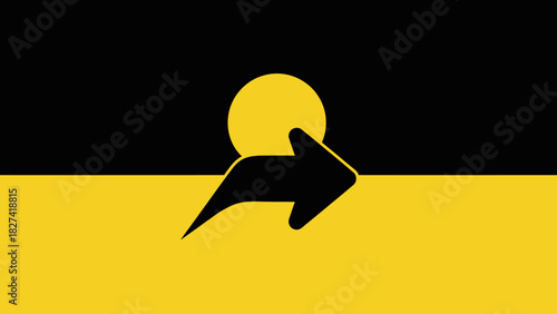 Striking abstract graphic design depicting a bold yellow circle above a sleek black arrow, symbolizing forward momentum and directional progress on a high-contrast yellow and black field