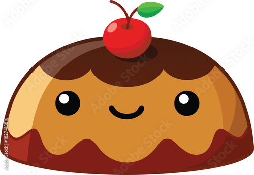 Cute cartoon pudding with cherry on top and happy face