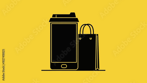 Flat design icon symbolizing the concept of on-the-go lifestyle with mobile shopping, a travel mug, and a retail purchase bag