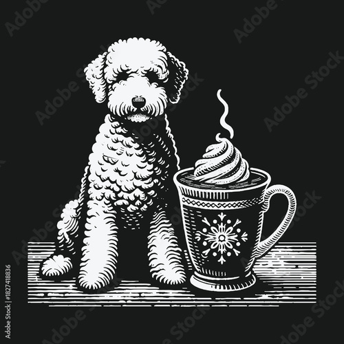Adorable fluffy poodle dog sitting with a festive winter hot chocolate mug.