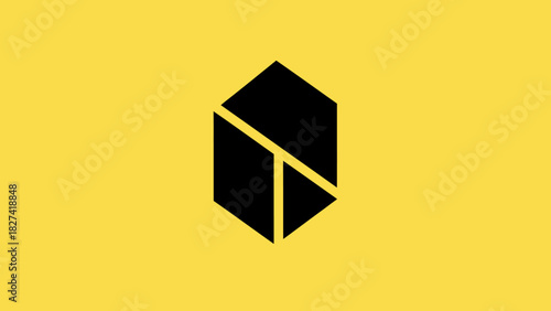 Abstract geometric design featuring a black hexagonal shape with internal divisions against a vibrant yellow background, symbolizing structure and organization