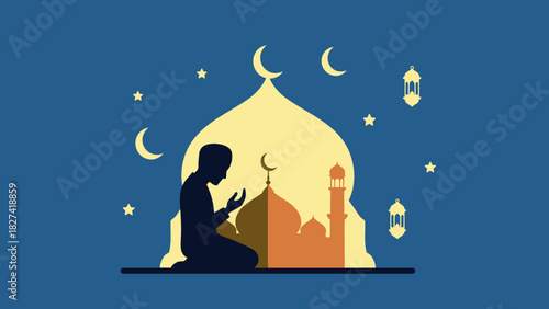 Ramadan Celebration Silhouette of a Person Praying at a Mosque with Crescent Moons and Lanterns